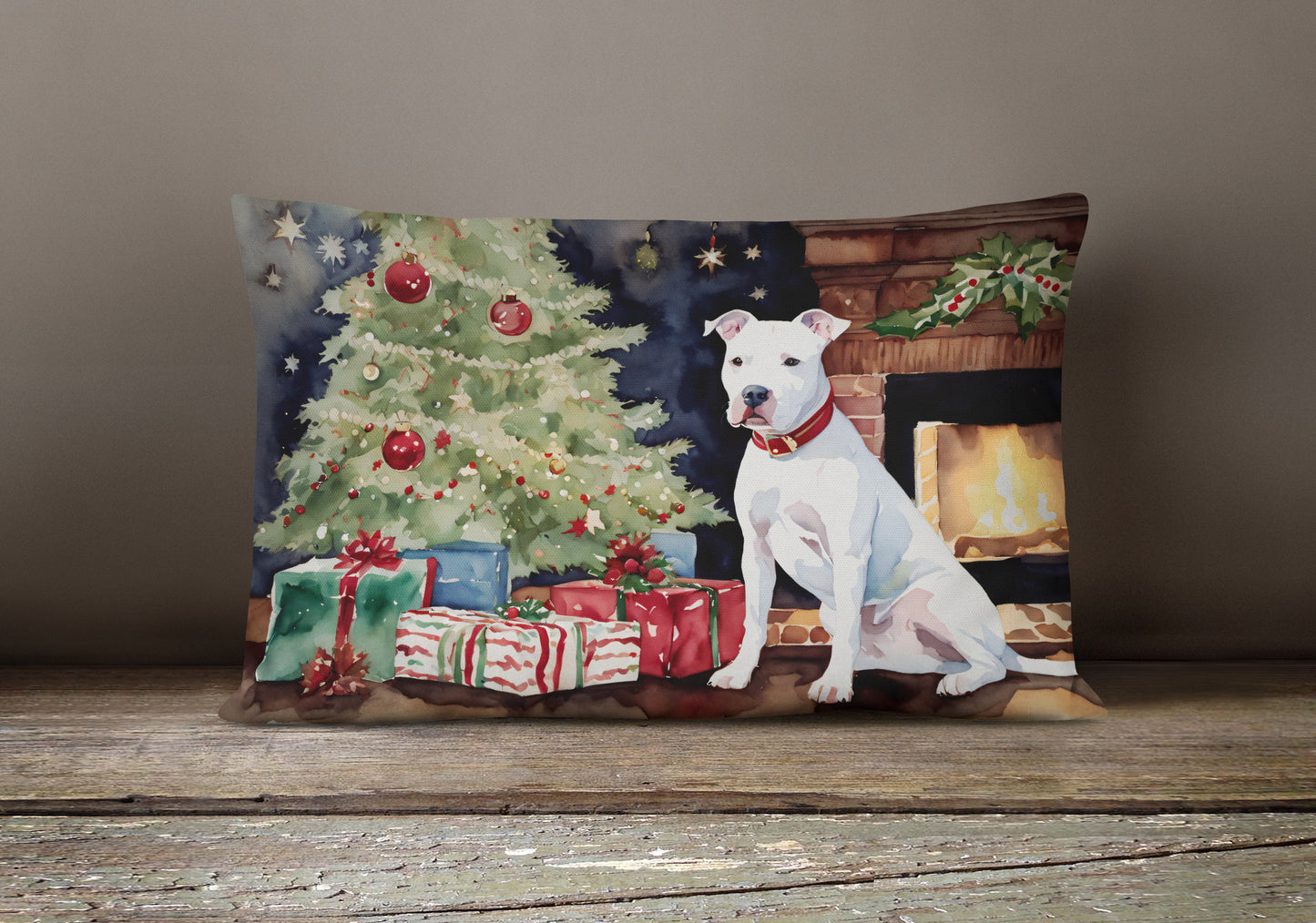 White Pit Bull Terrier Christmas Throw Pillow