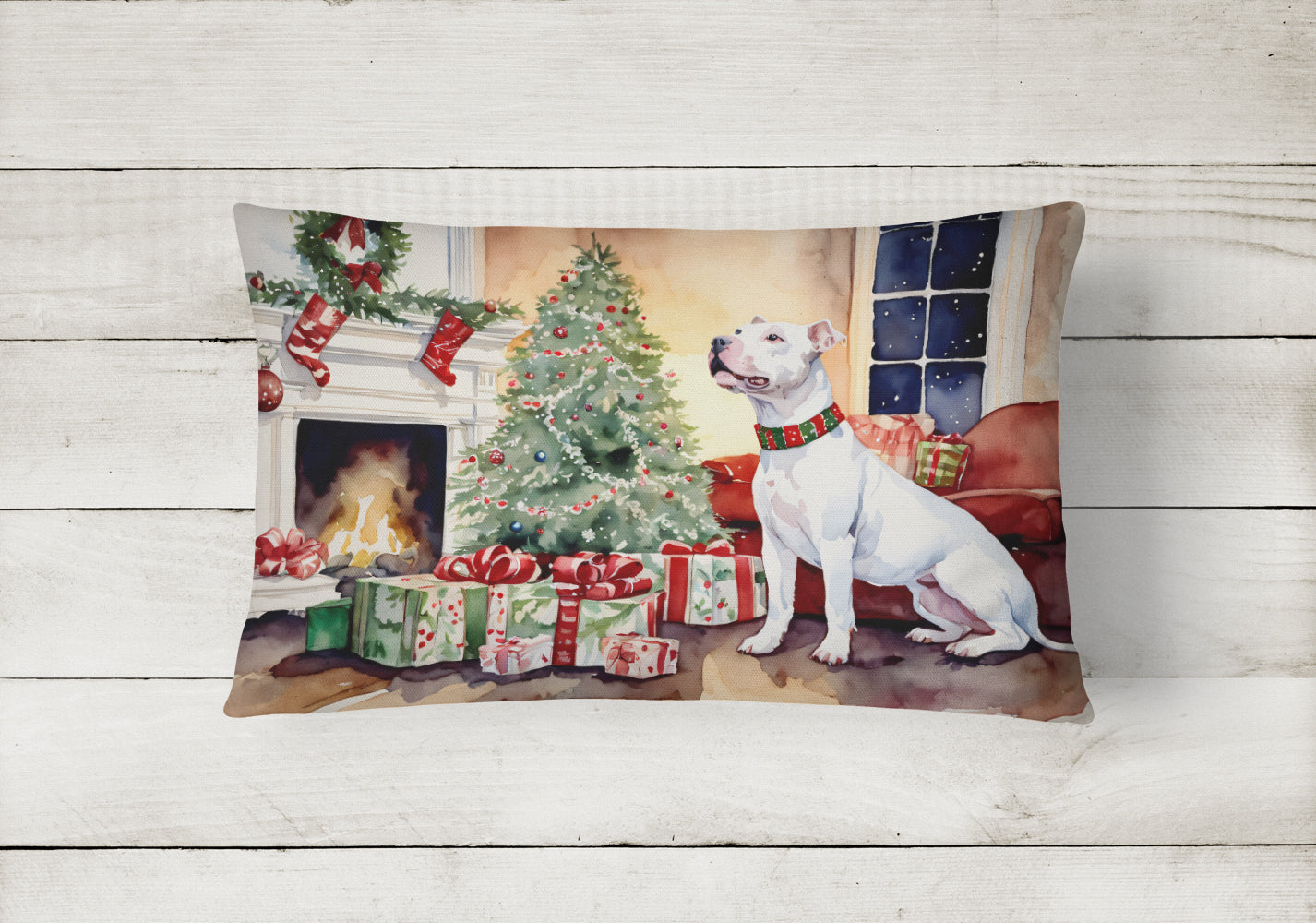 White Pit Bull Terrier Christmas Throw Pillow