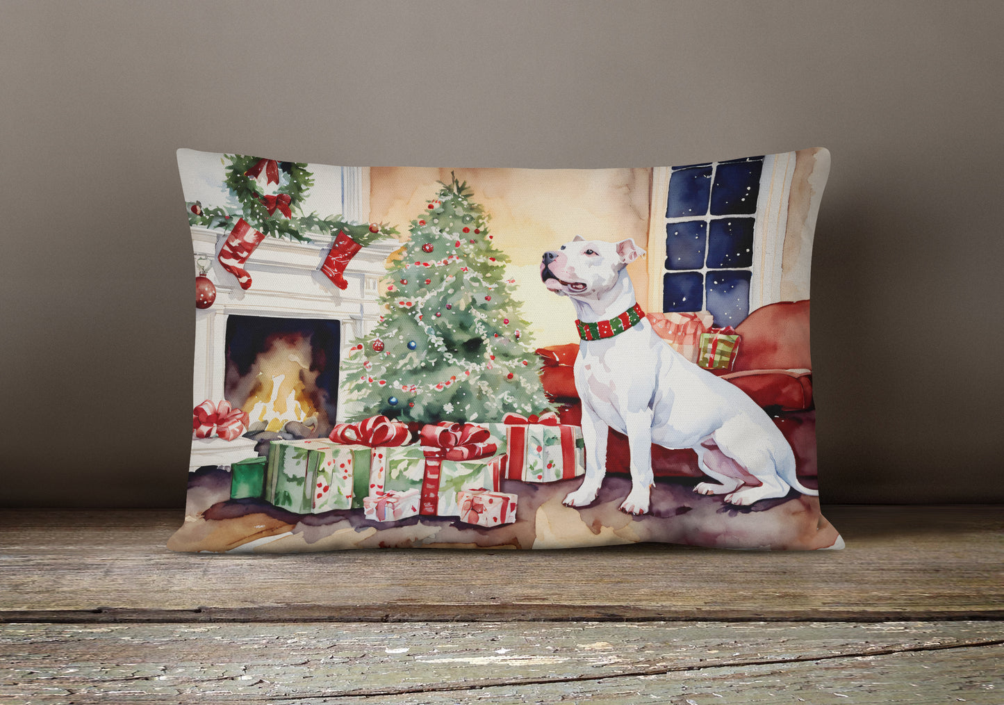 White Pit Bull Terrier Christmas Throw Pillow