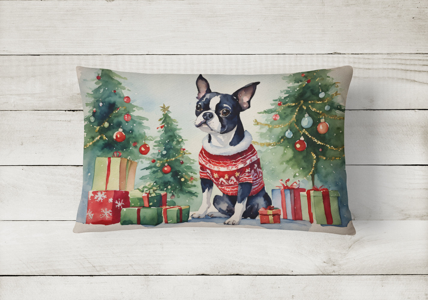 Boston Terrier Christmas Throw Pillow