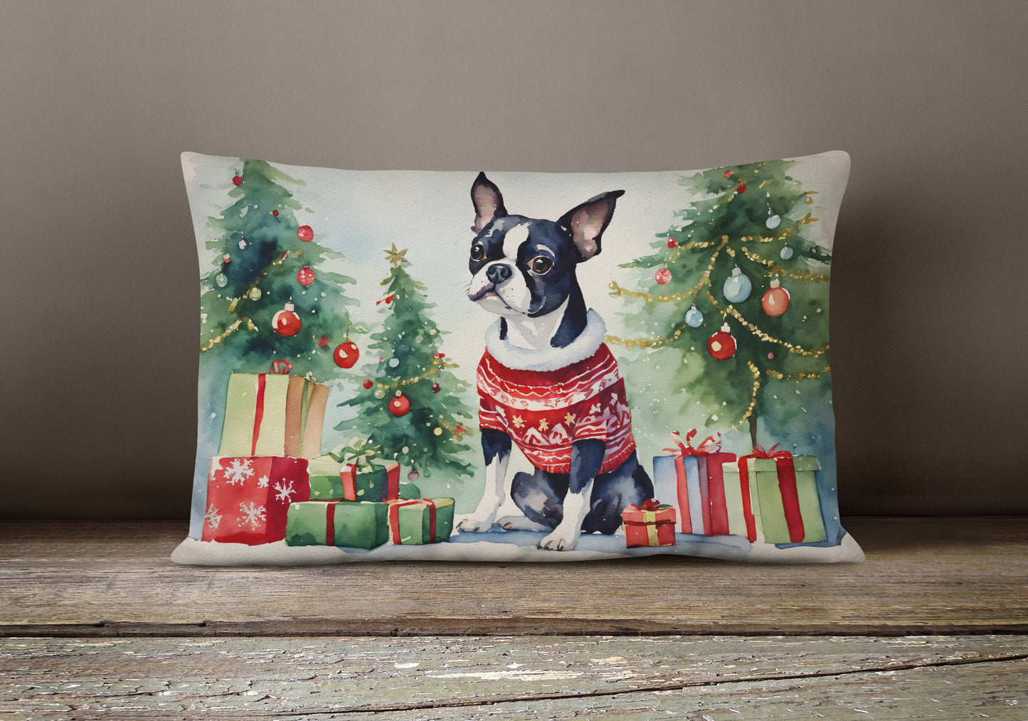 Boston Terrier Christmas Throw Pillow