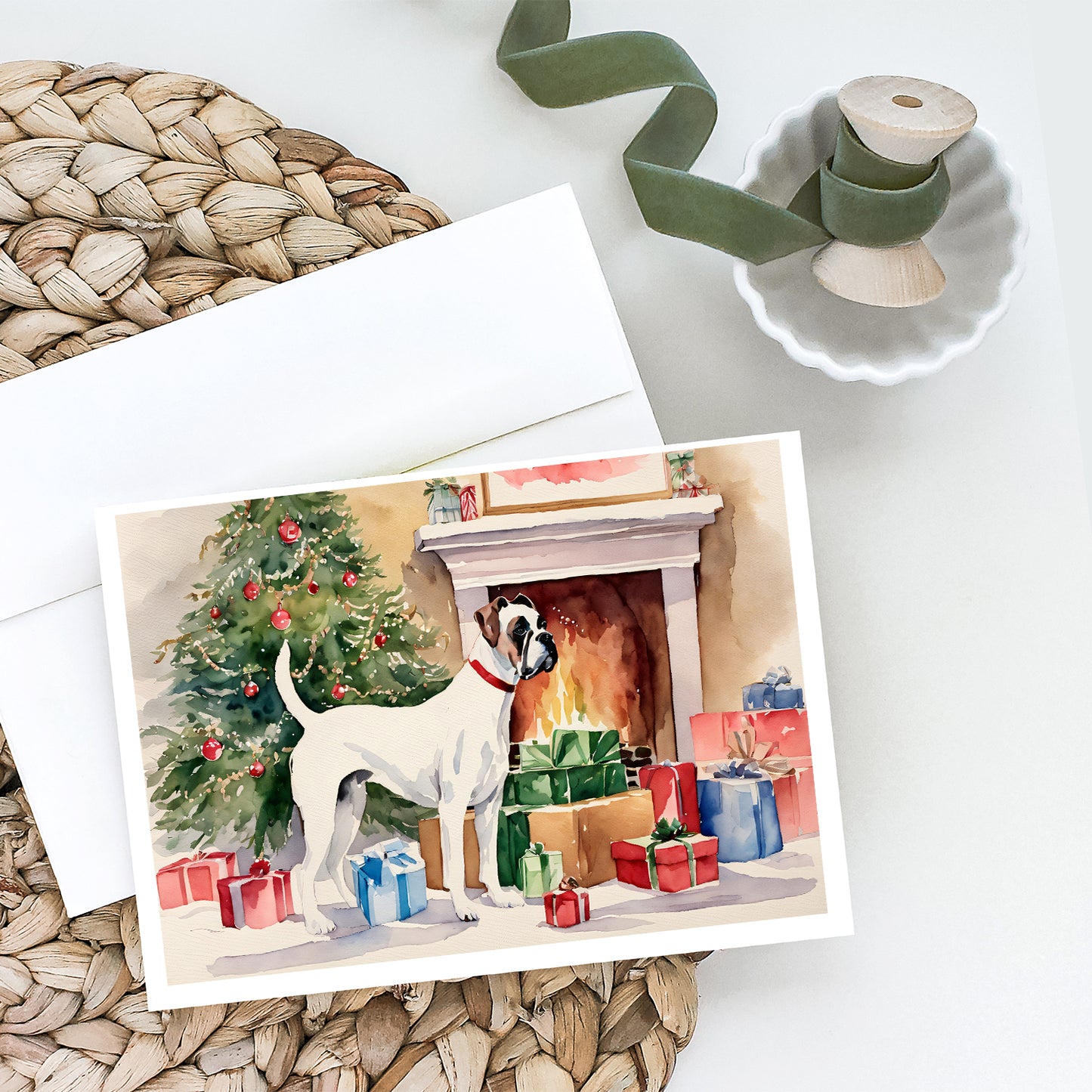 White Boxer Christmas Greeting Cards Pack of 8