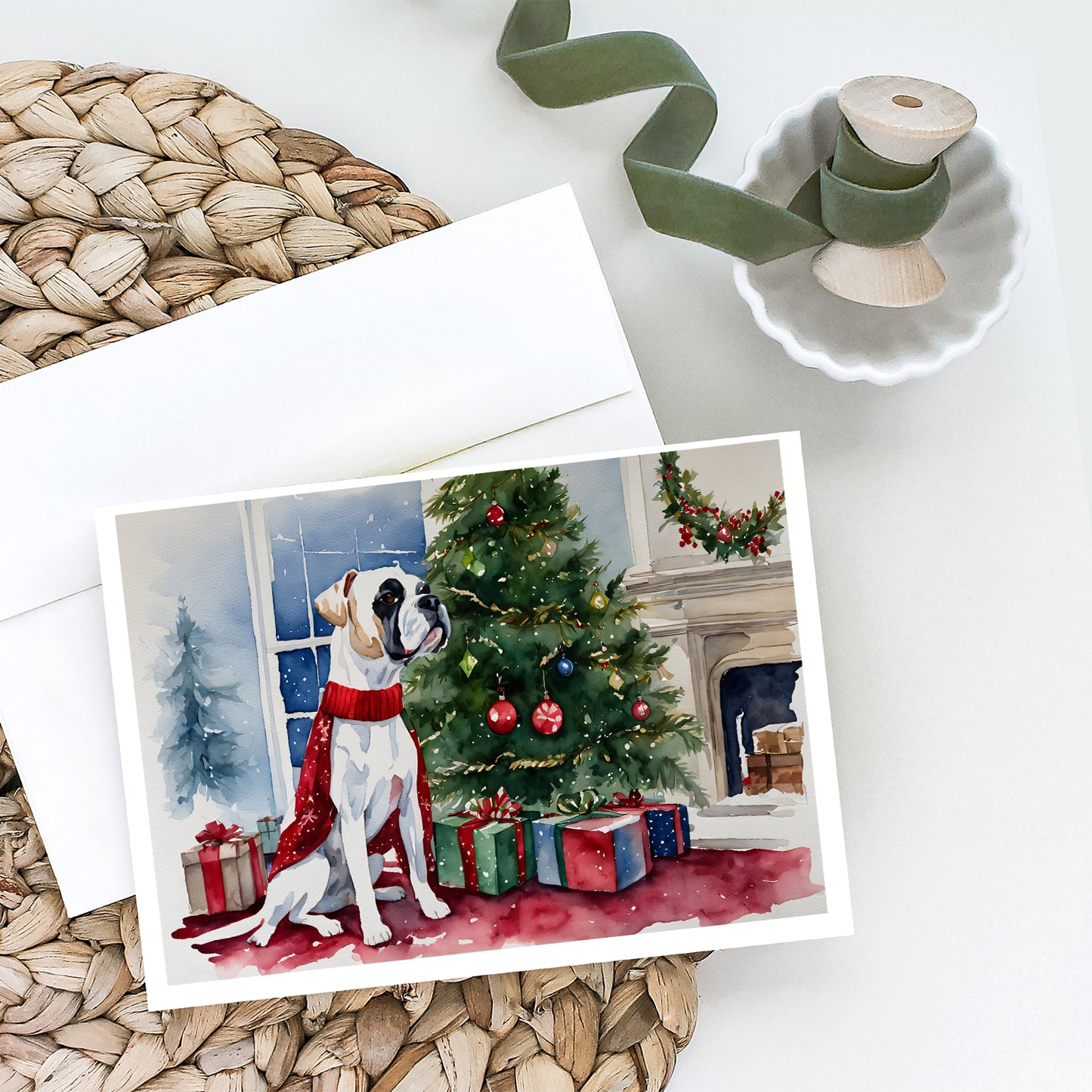 White Boxer Christmas Greeting Cards Pack of 8
