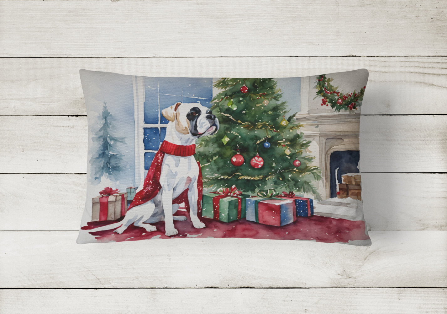 White Boxer Christmas Throw Pillow