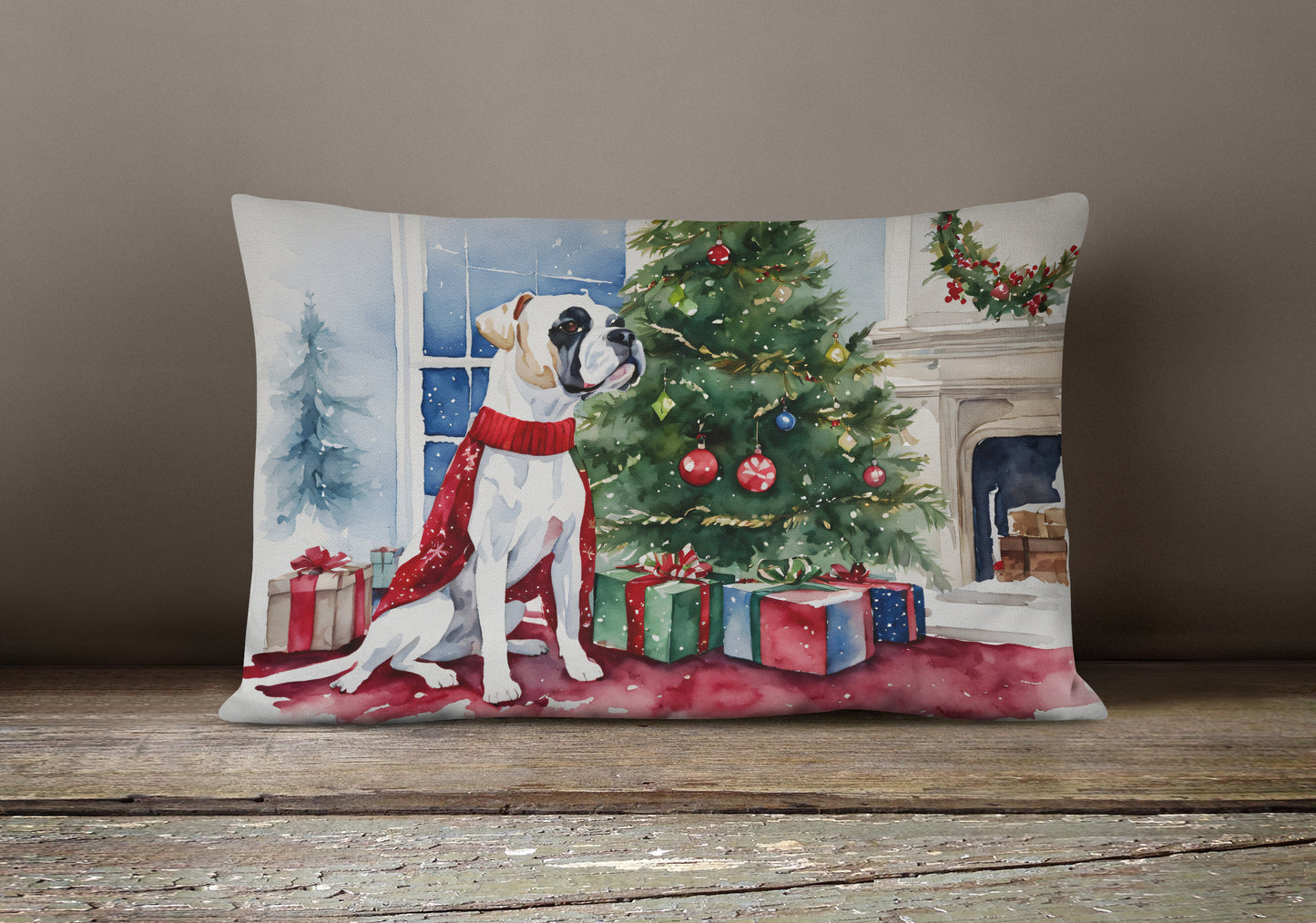 White Boxer Christmas Throw Pillow