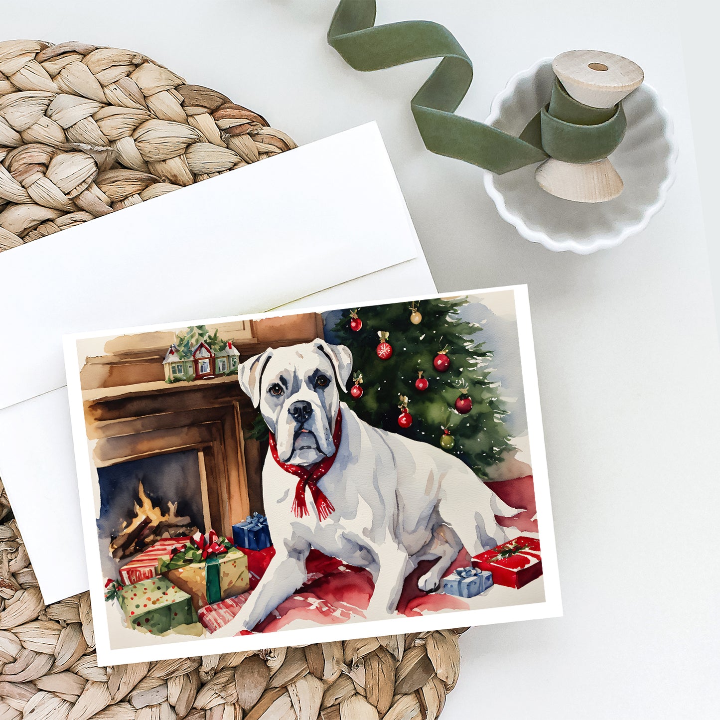 White Boxer Christmas Greeting Cards Pack of 8
