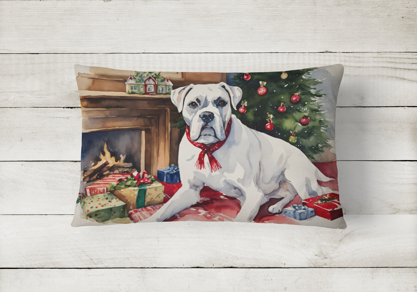 White Boxer Christmas Throw Pillow