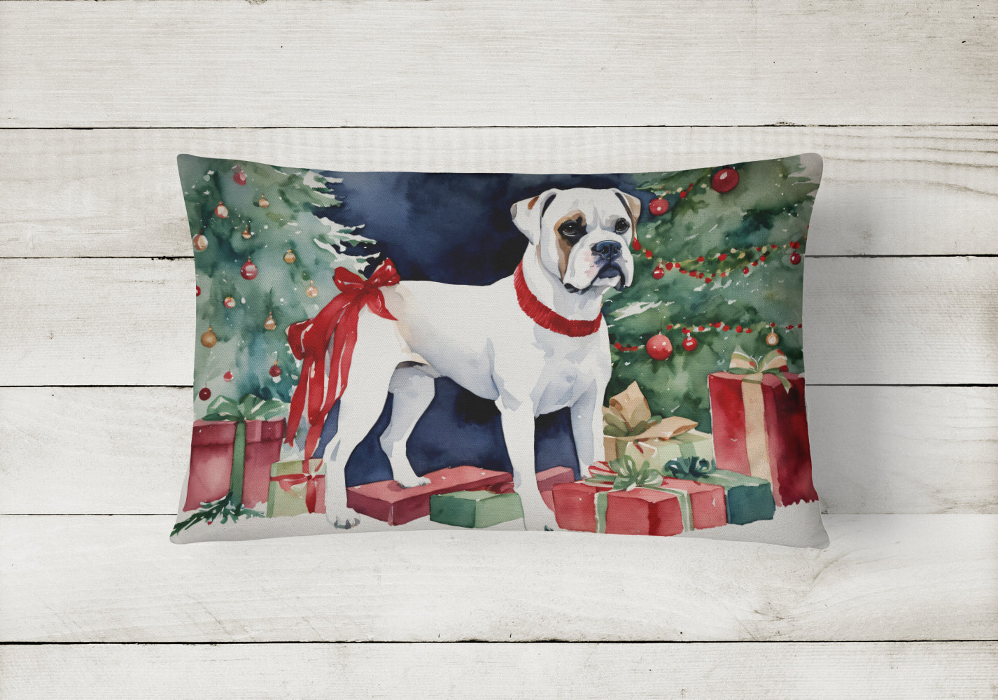 White Boxer Christmas Throw Pillow