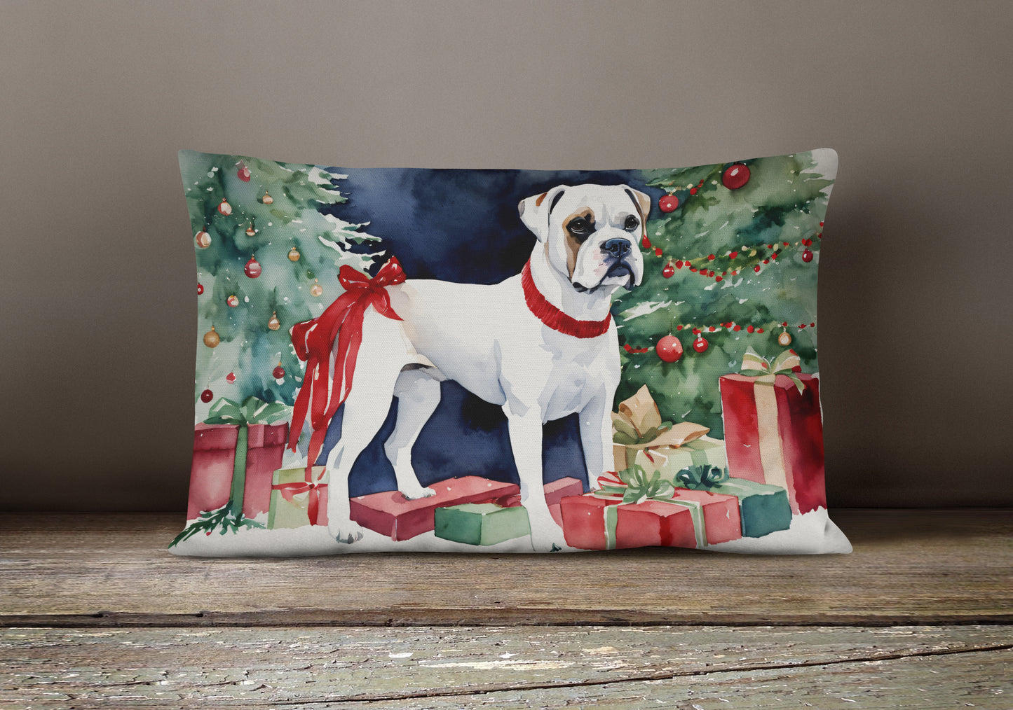 White Boxer Christmas Throw Pillow