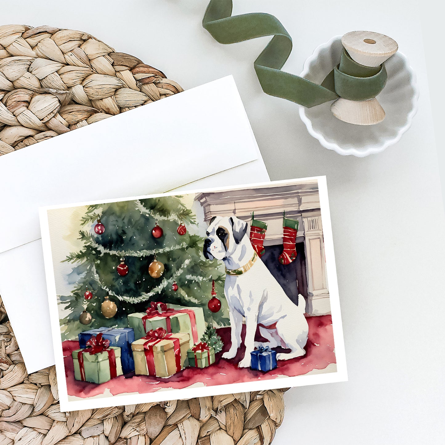 White Boxer Christmas Greeting Cards Pack of 8