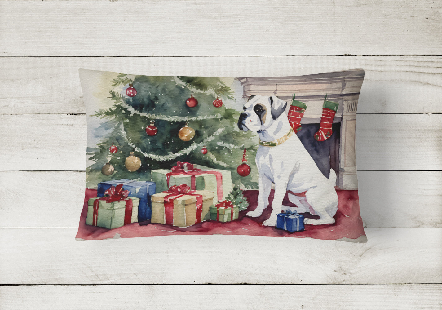 White Boxer Christmas Throw Pillow