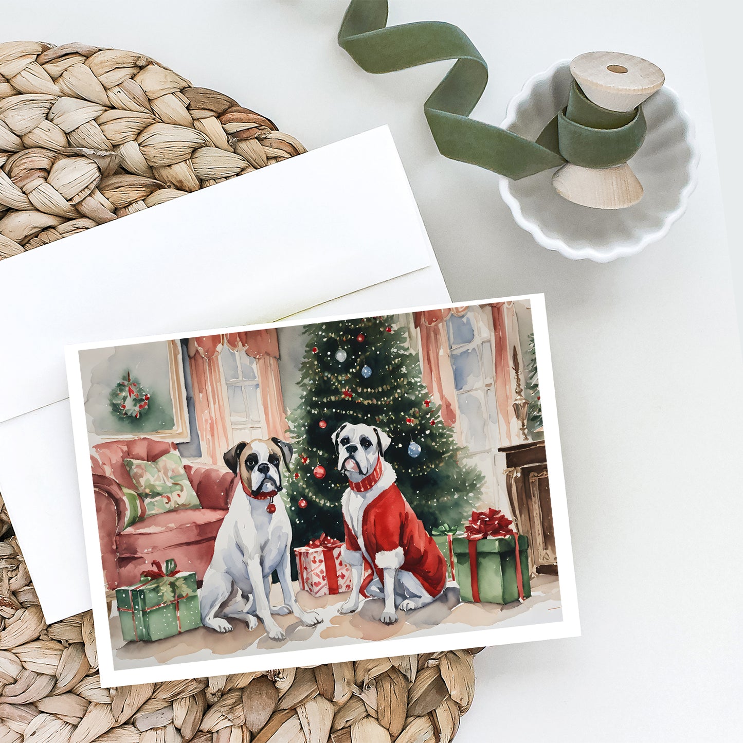 White Boxer Christmas Greeting Cards Pack of 8