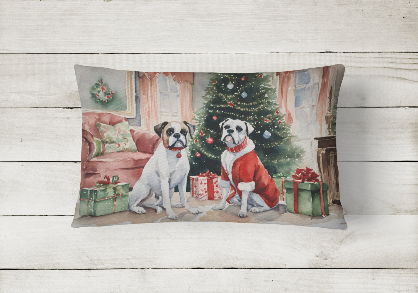 White Boxer Christmas Throw Pillow