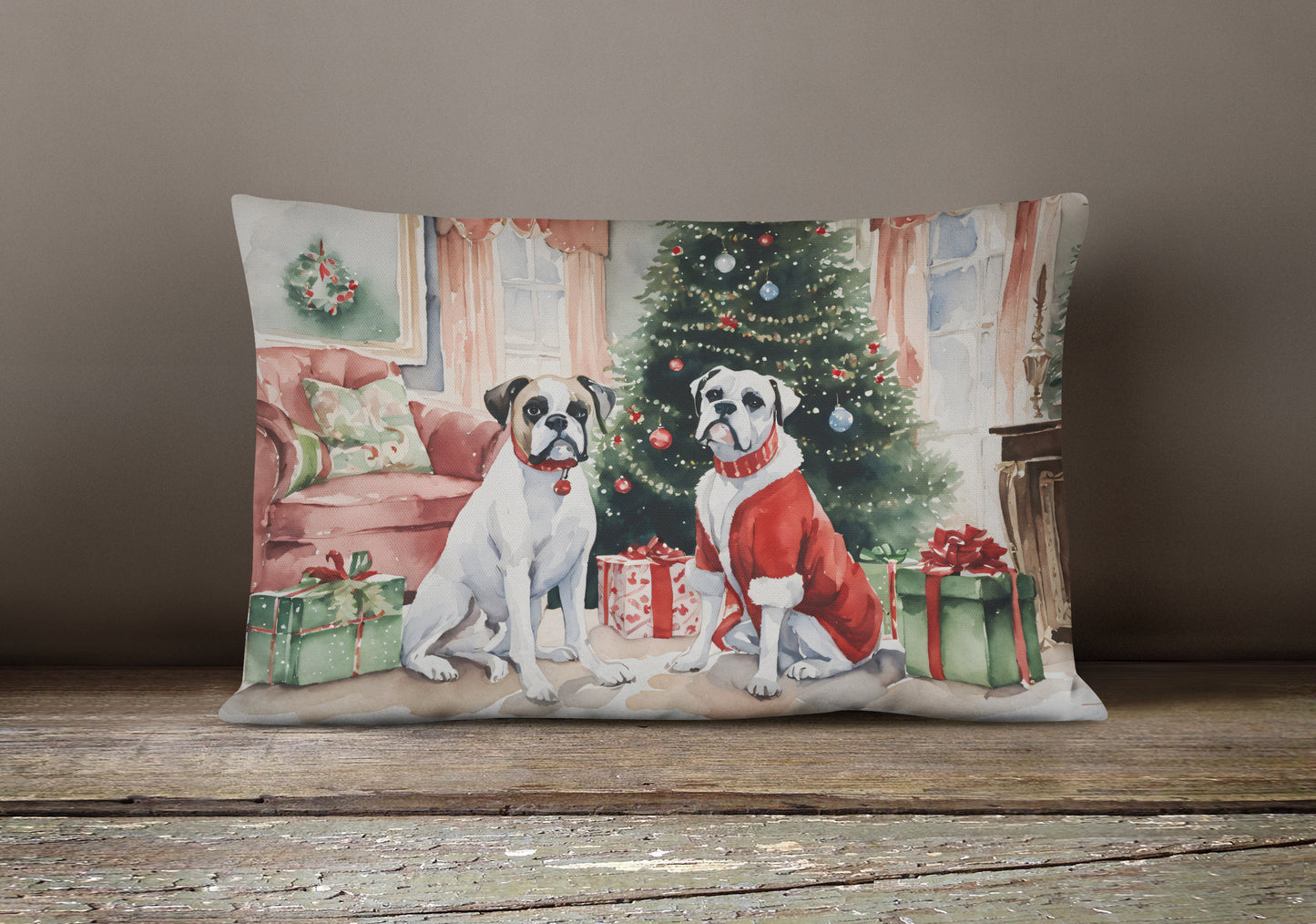 White Boxer Christmas Throw Pillow