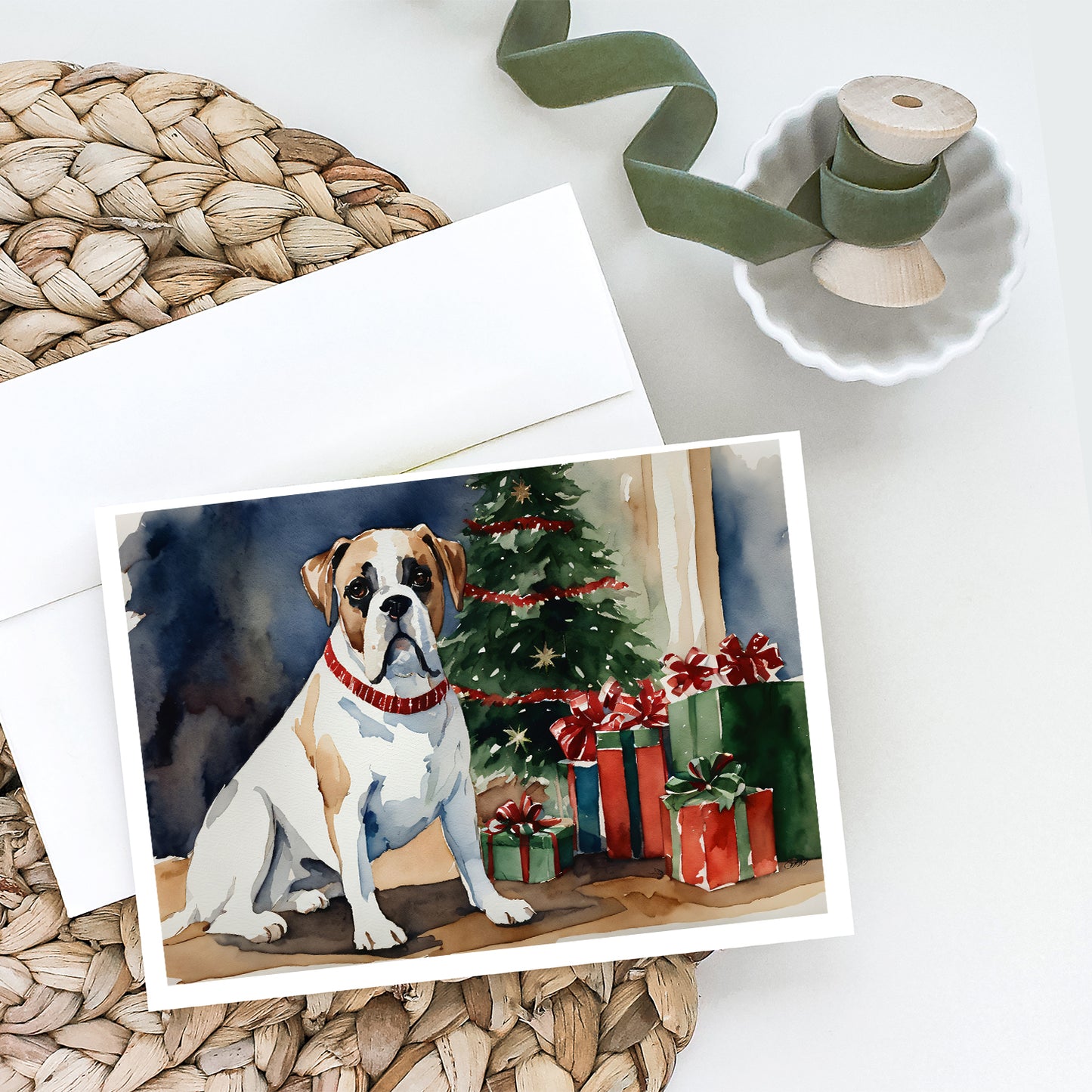 White Boxer Christmas Greeting Cards Pack of 8