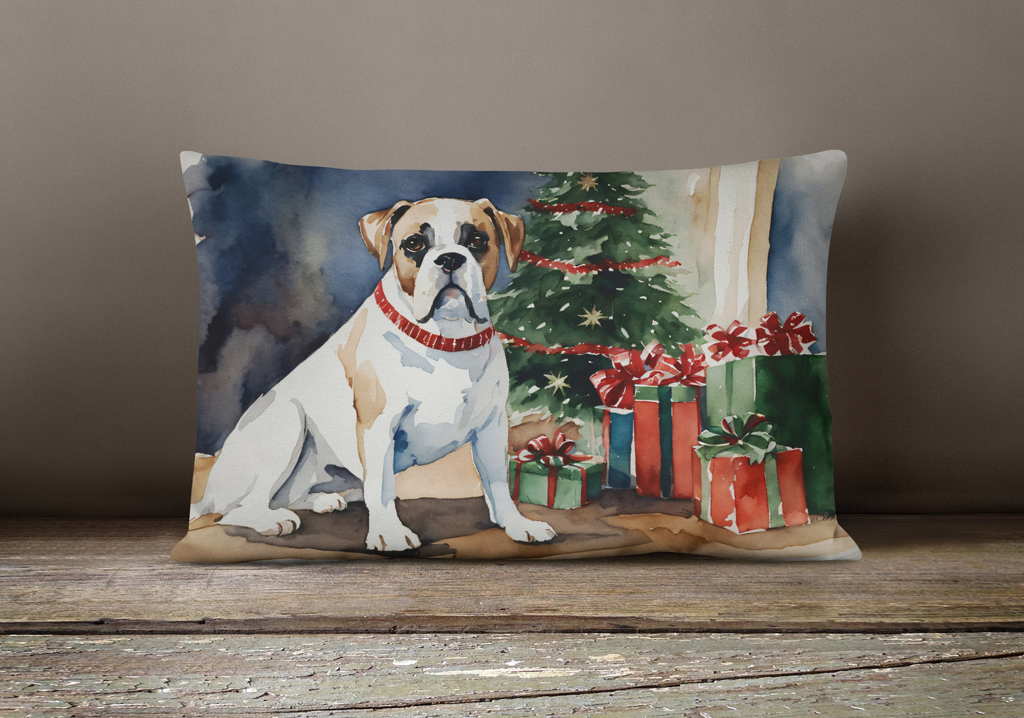 White Boxer Christmas Throw Pillow