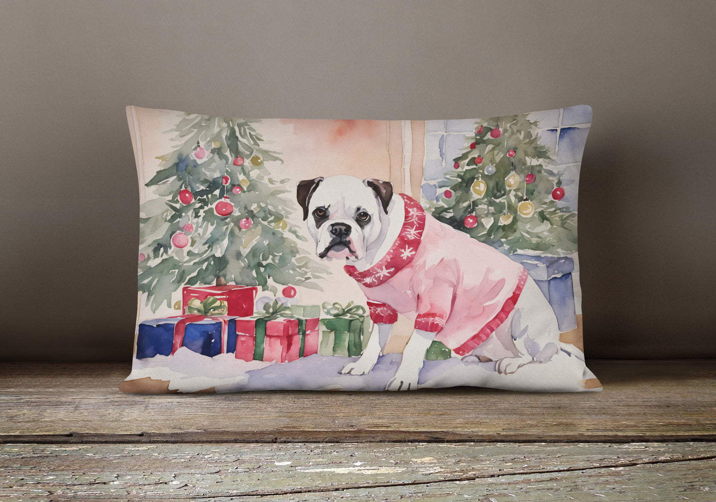 White Boxer Christmas Throw Pillow