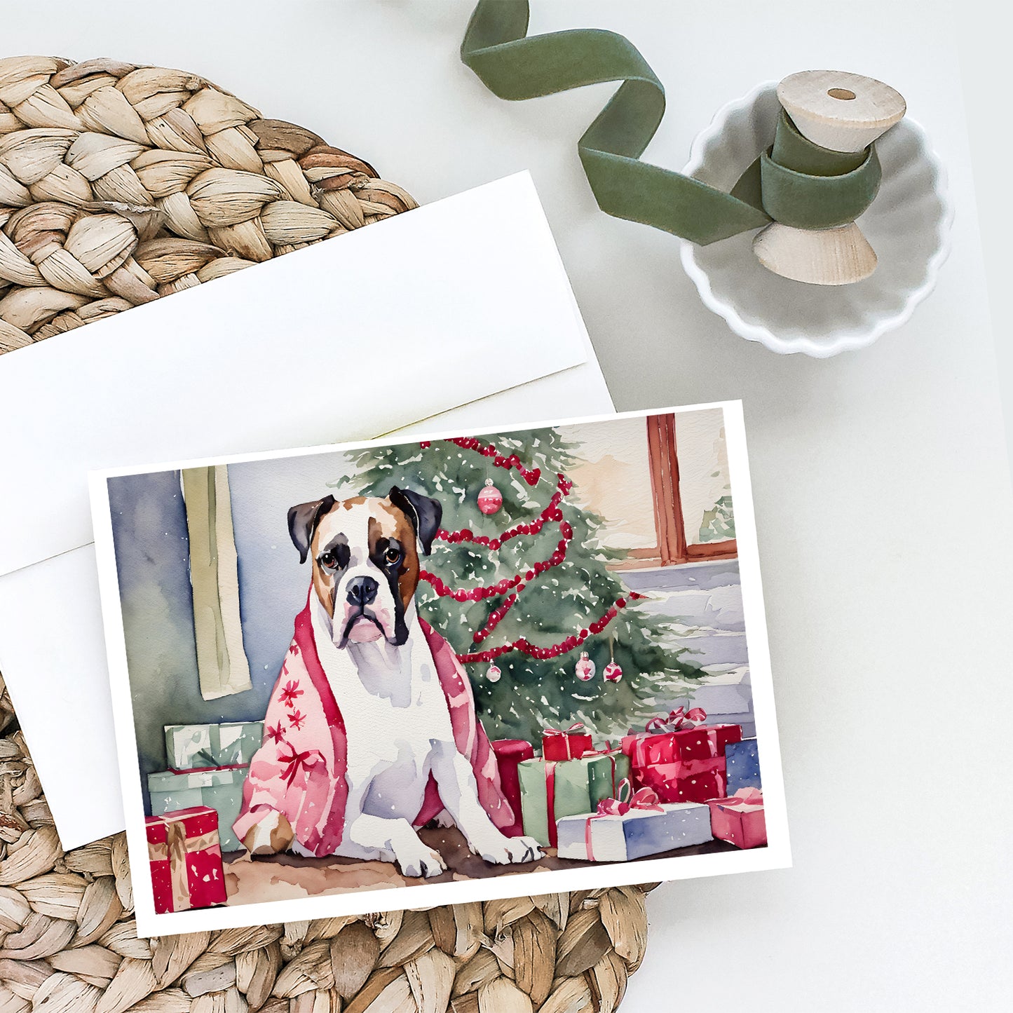 White Boxer Christmas Greeting Cards Pack of 8