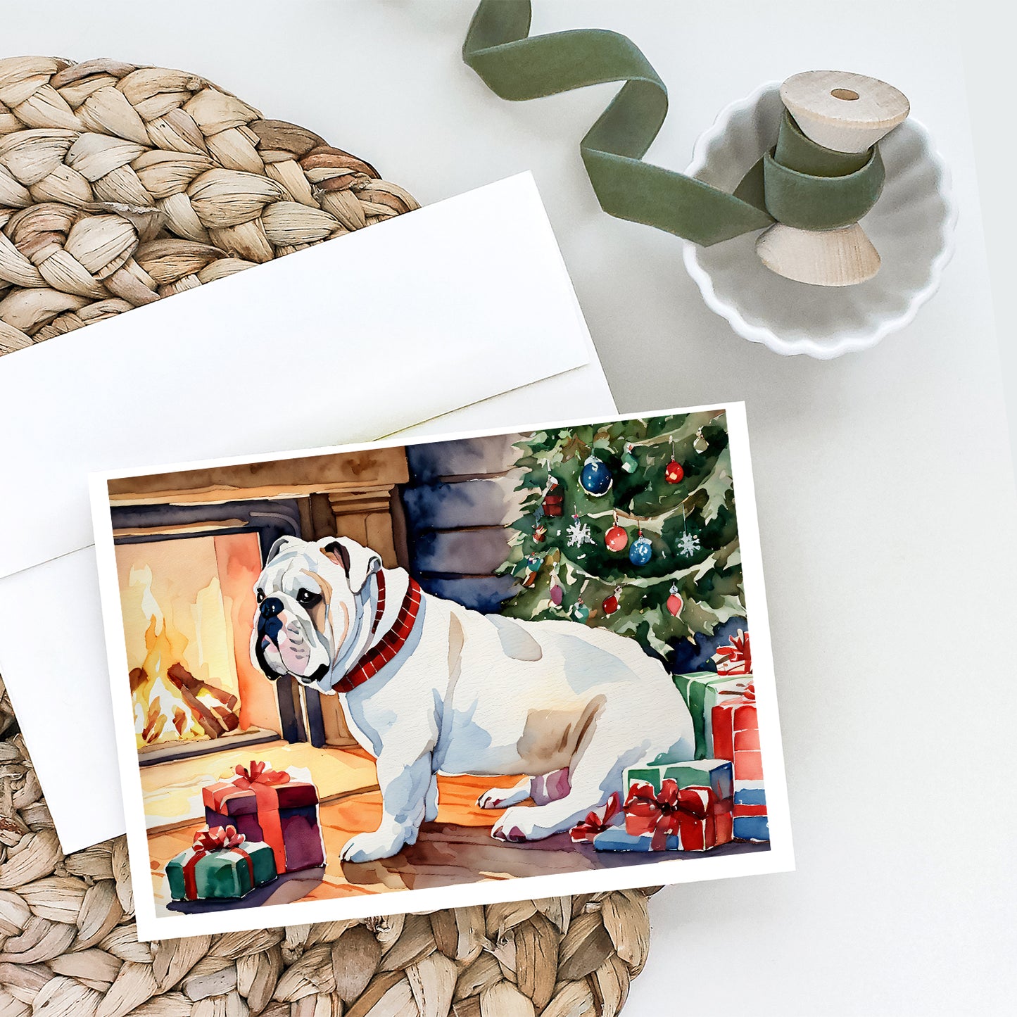 White English Bulldog Christmas Greeting Cards Pack of 8