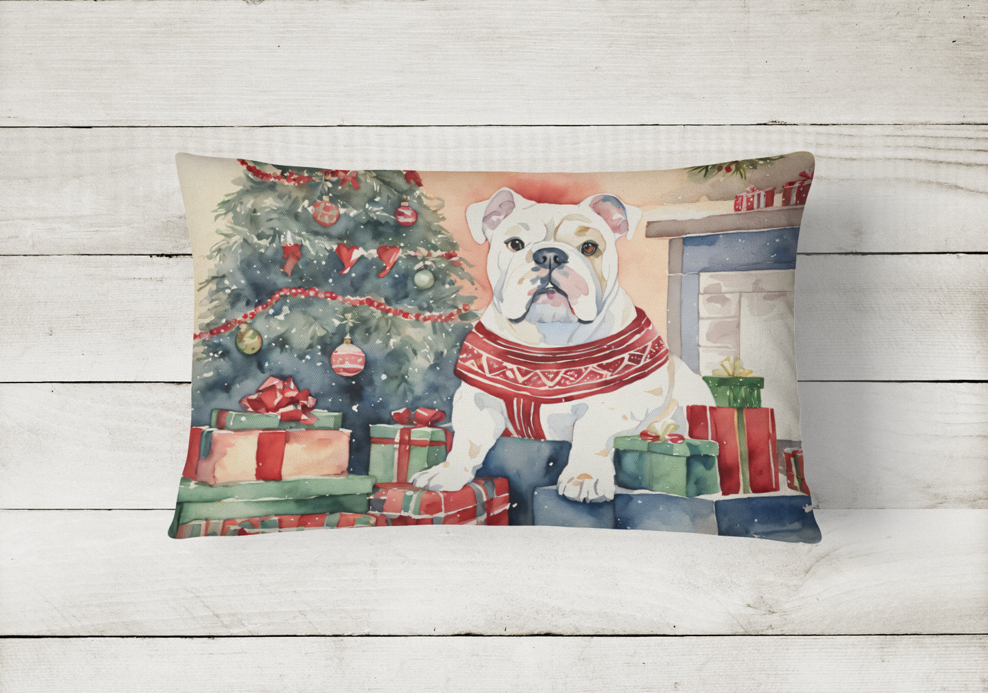 White English Bulldog Christmas Throw Pillow