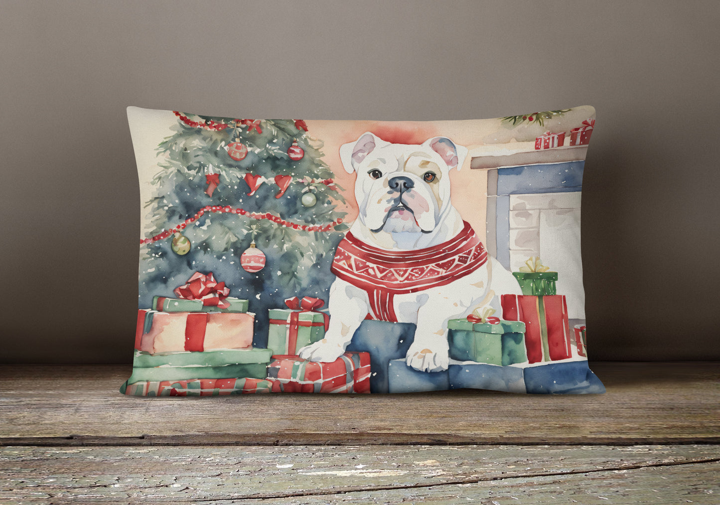 White English Bulldog Christmas Throw Pillow