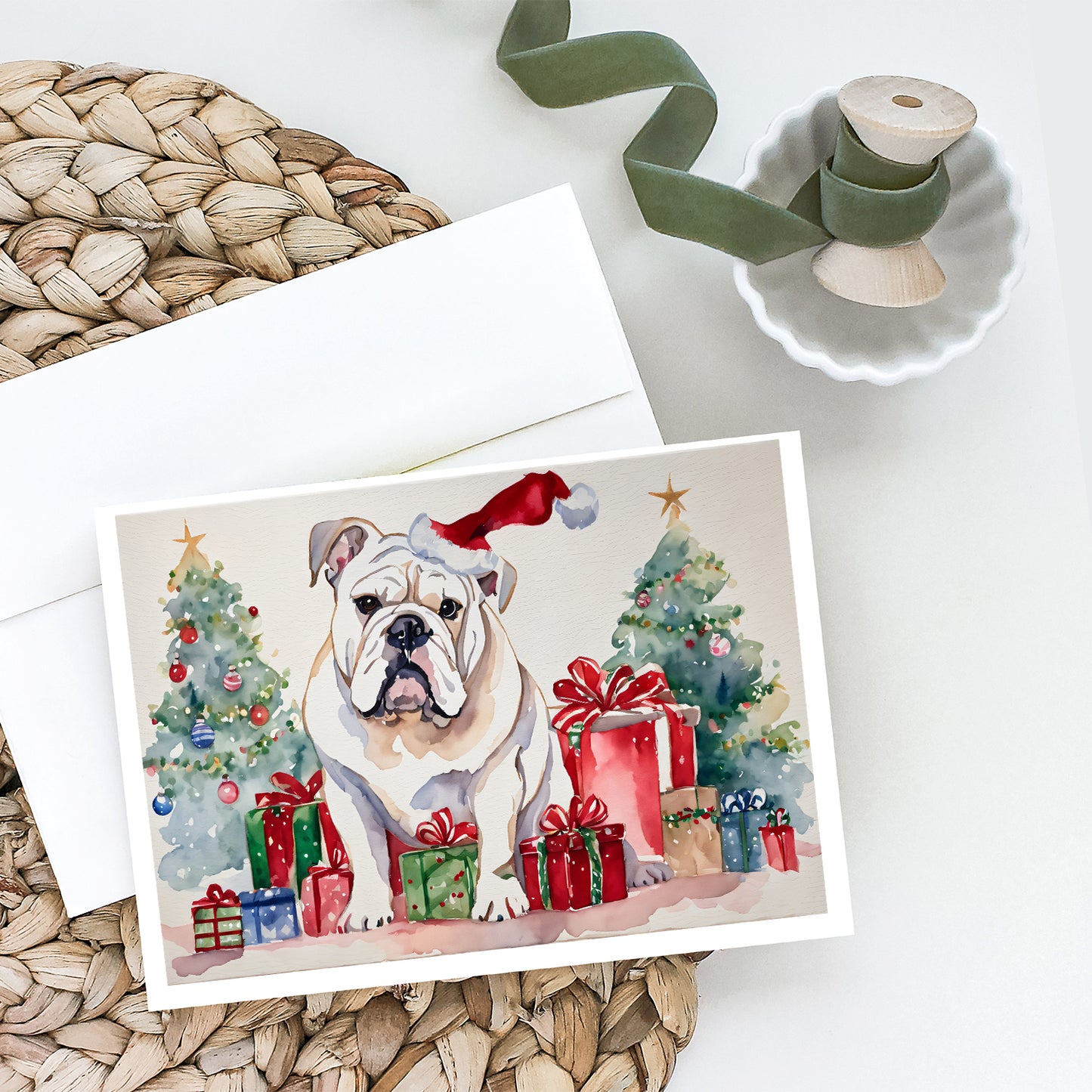 White English Bulldog Christmas Greeting Cards Pack of 8