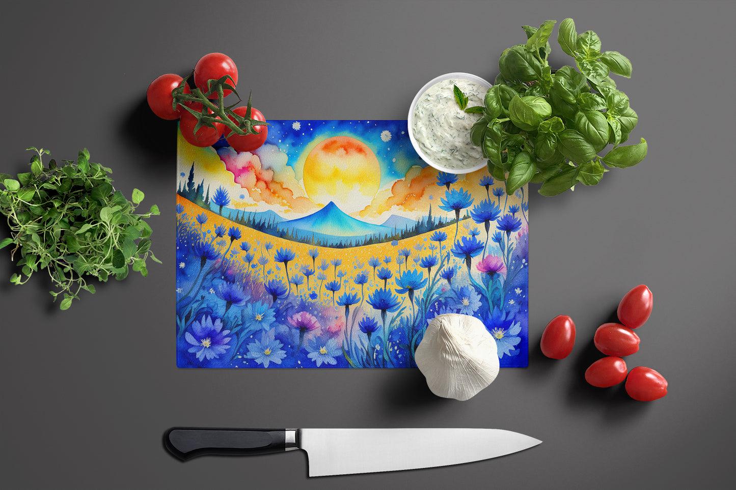 Blue Cornflowers in Color Glass Cutting Board