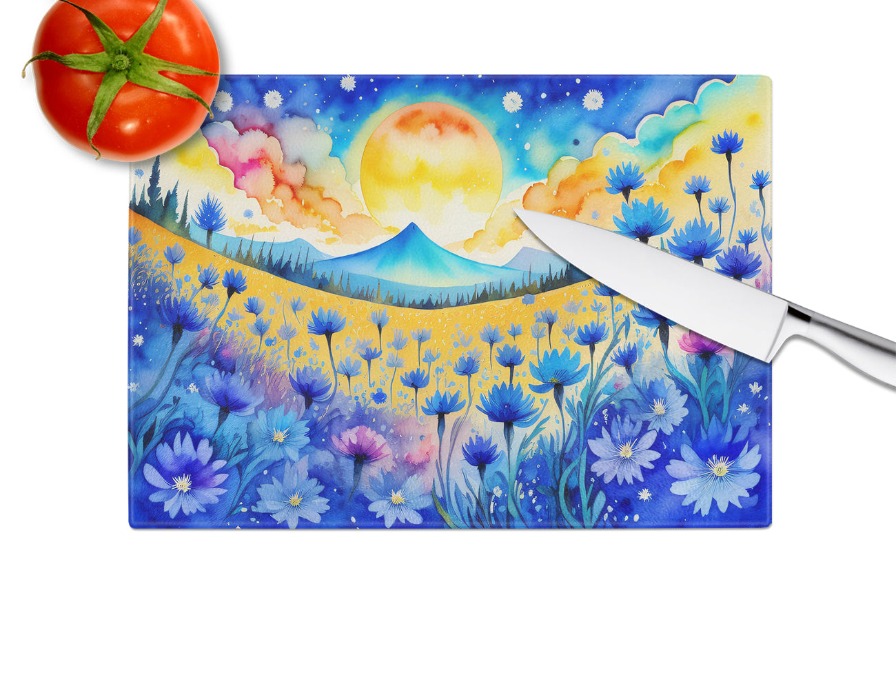 Blue Cornflowers in Color Glass Cutting Board