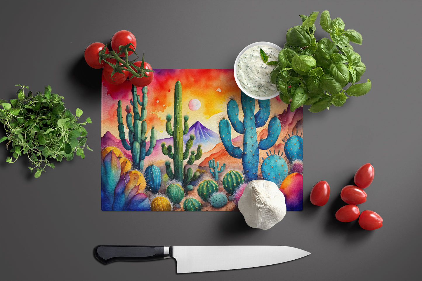 Cactus in Color Glass Cutting Board