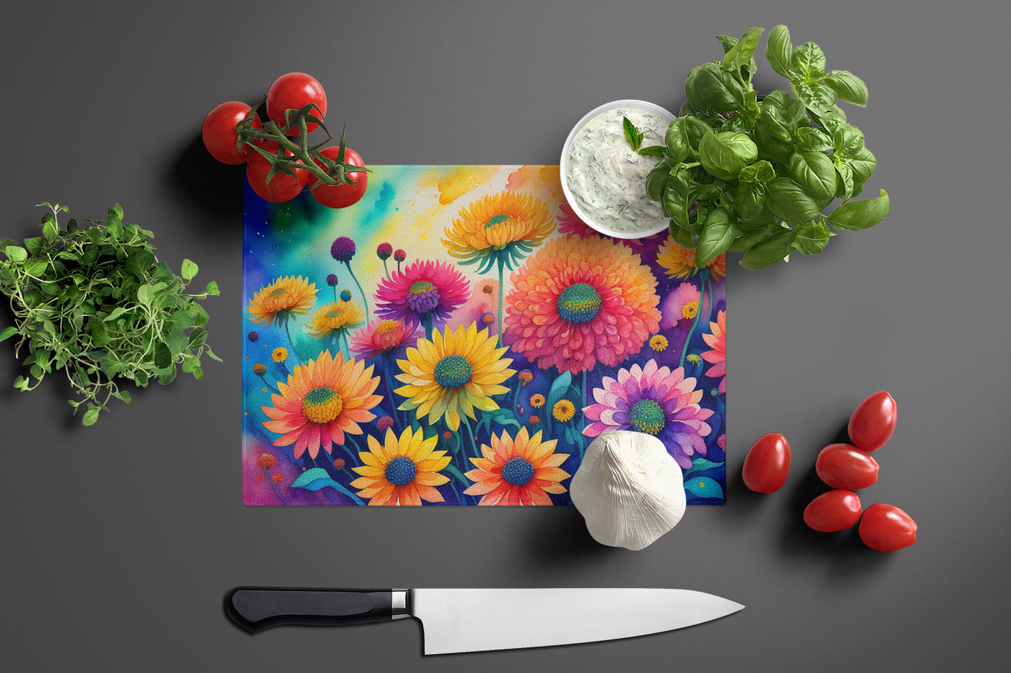 Chrysanthemums in Color Glass Cutting Board