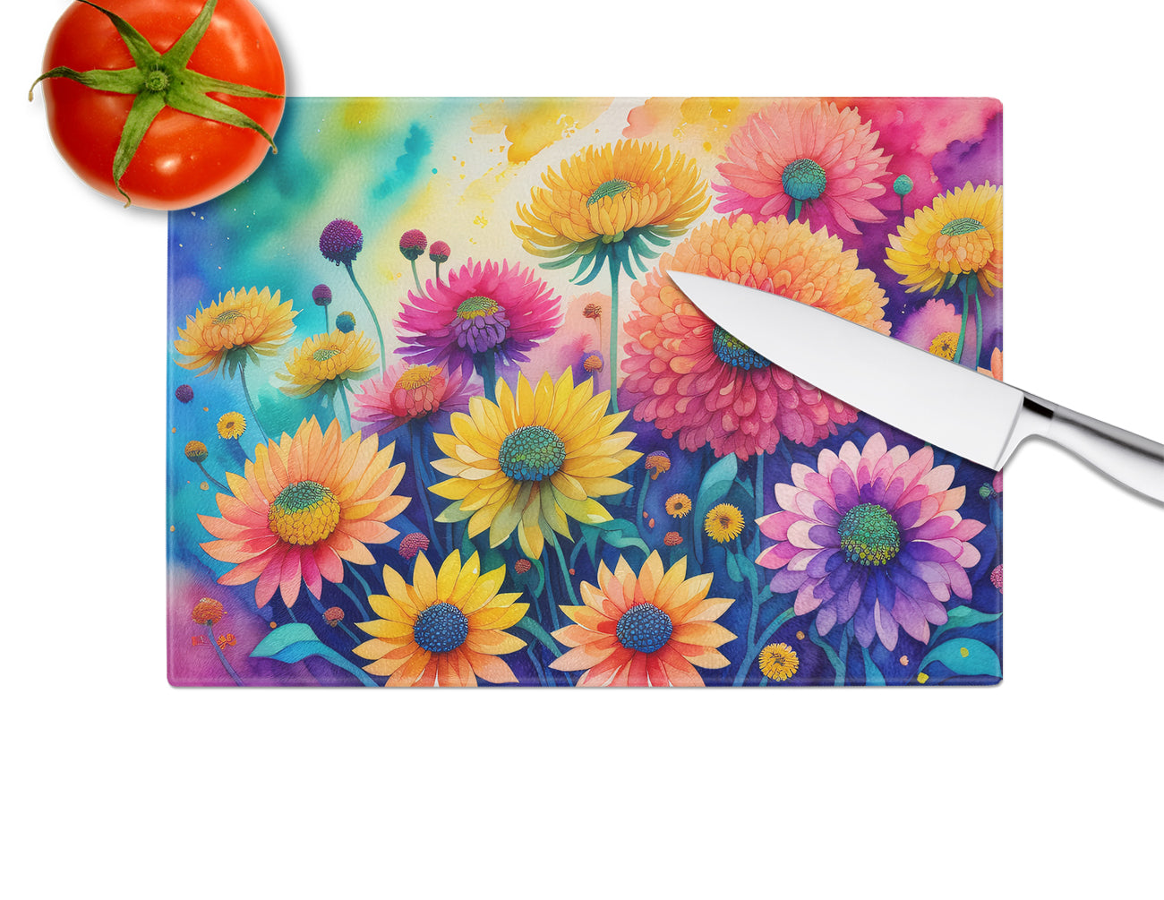 Chrysanthemums in Color Glass Cutting Board