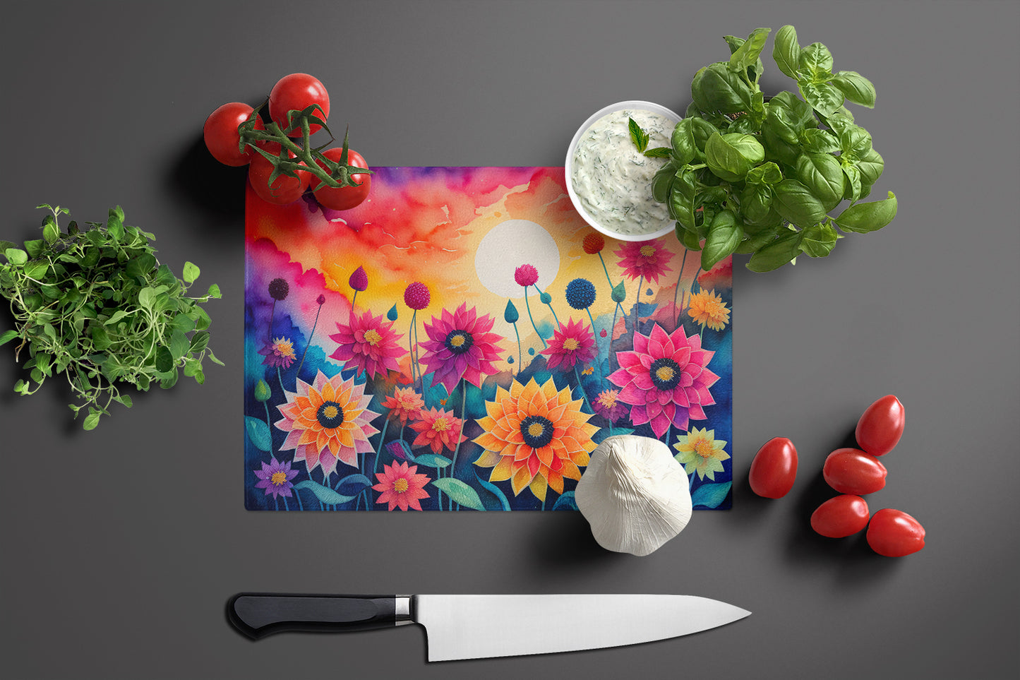 Dahlias in Color Glass Cutting Board