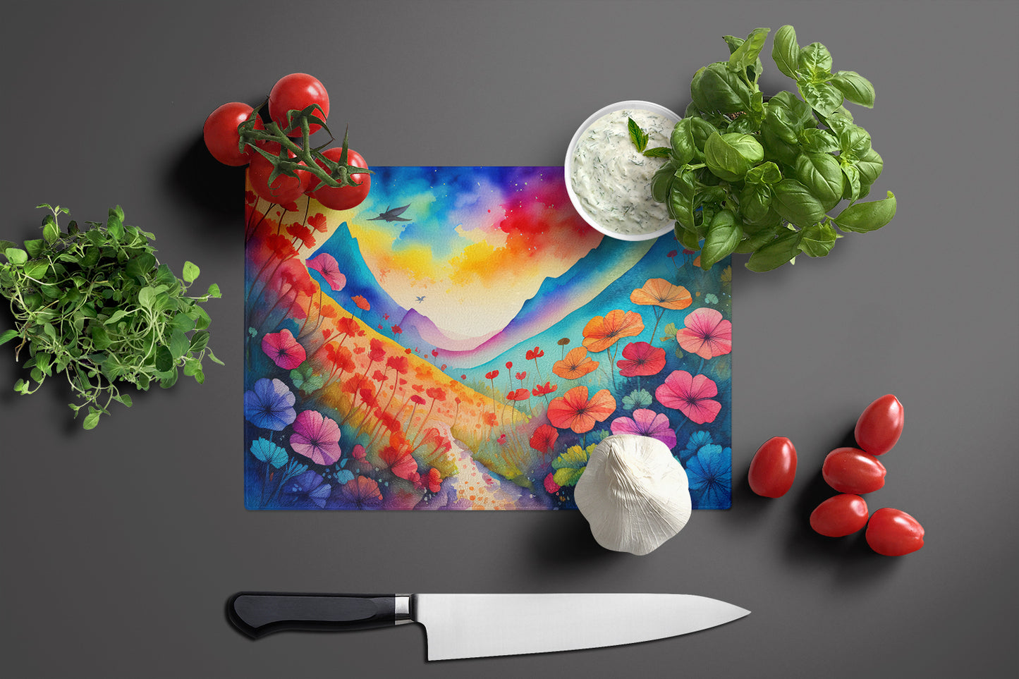 Geraniums in Color Glass Cutting Board