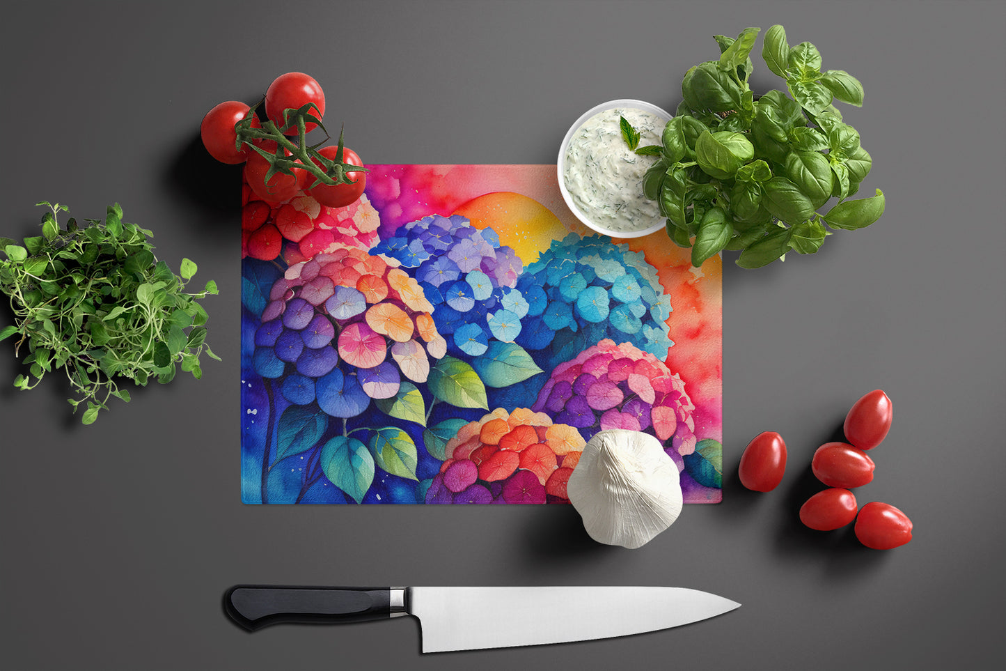 Hydrangeas in Color Glass Cutting Board