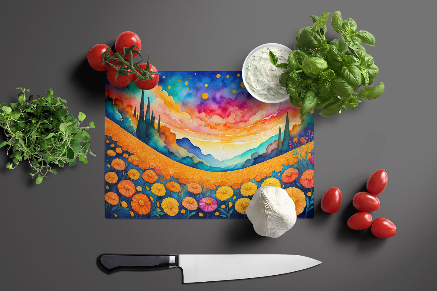 Marigolds in Color Glass Cutting Board