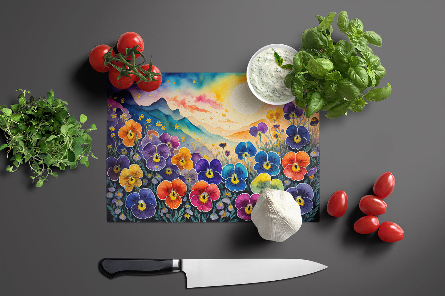 Pansies in Color Glass Cutting Board