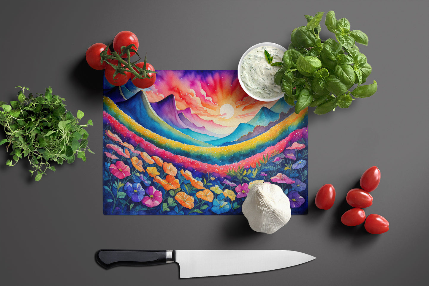 Petunias in Color Glass Cutting Board