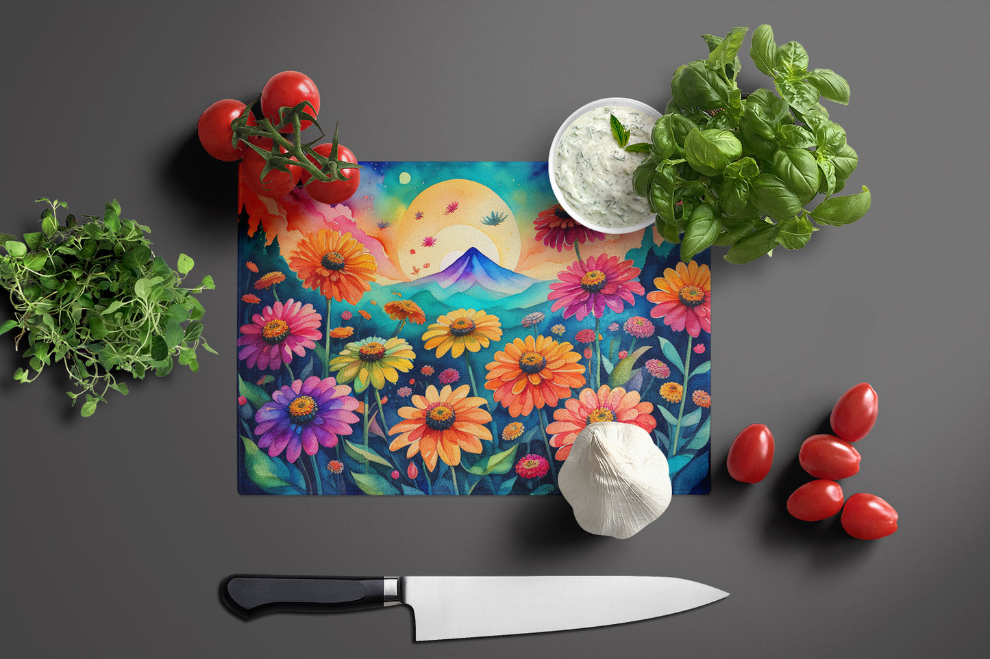 Zinnias in Color Glass Cutting Board