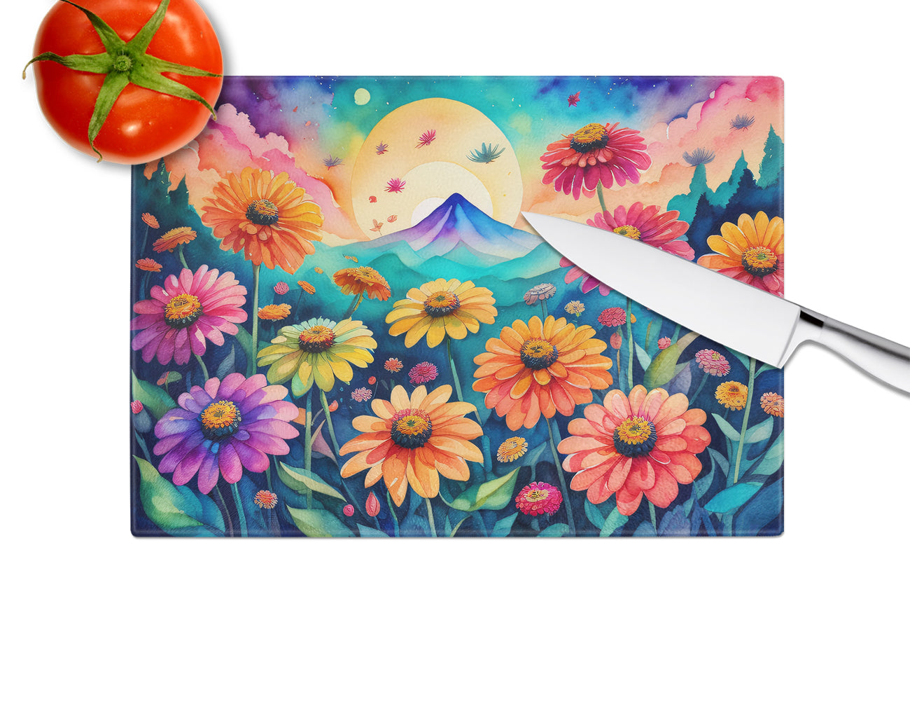 Zinnias in Color Glass Cutting Board