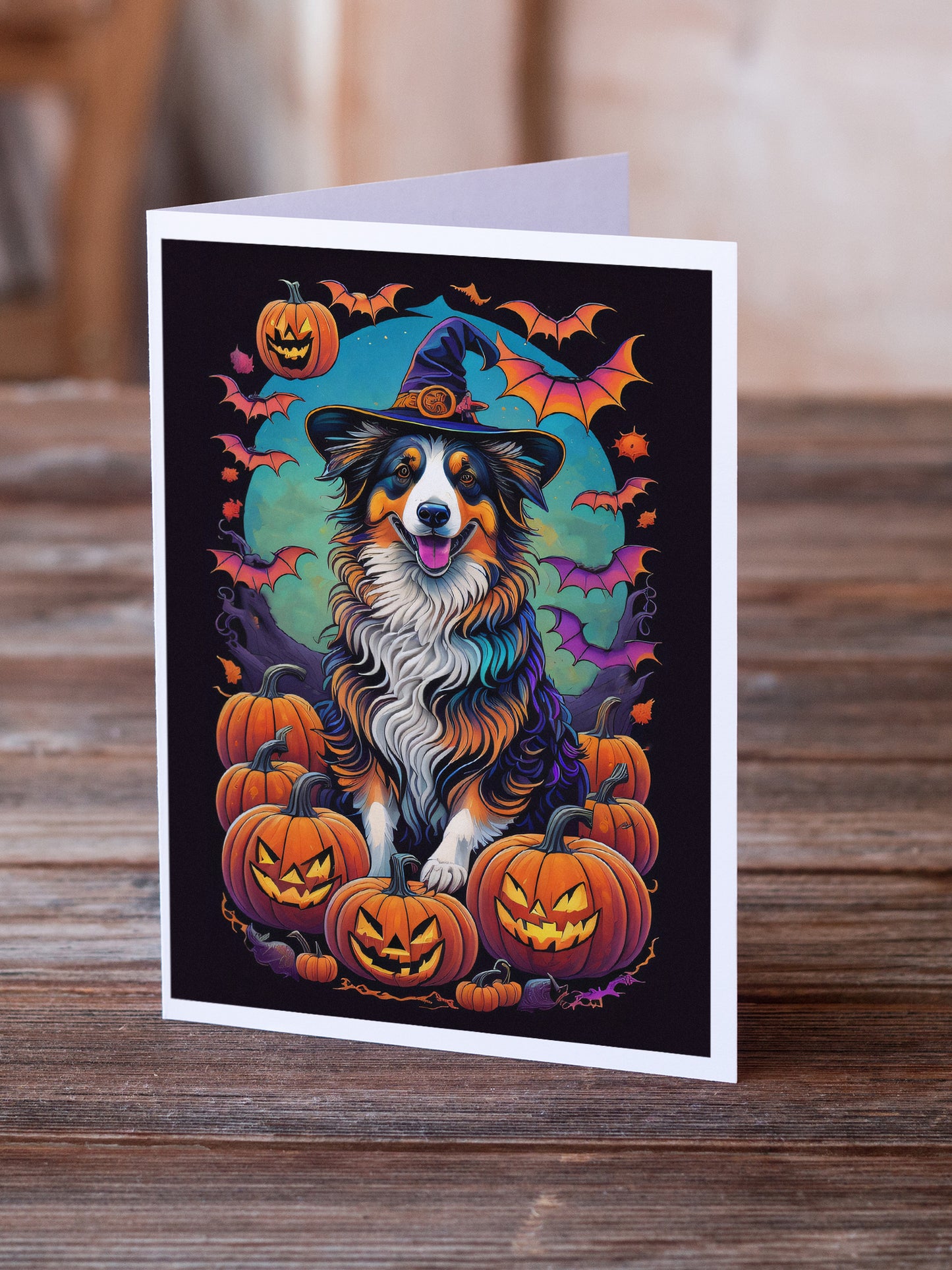 Australian Shepherd Witchy Halloween Greeting Cards Pack of 8