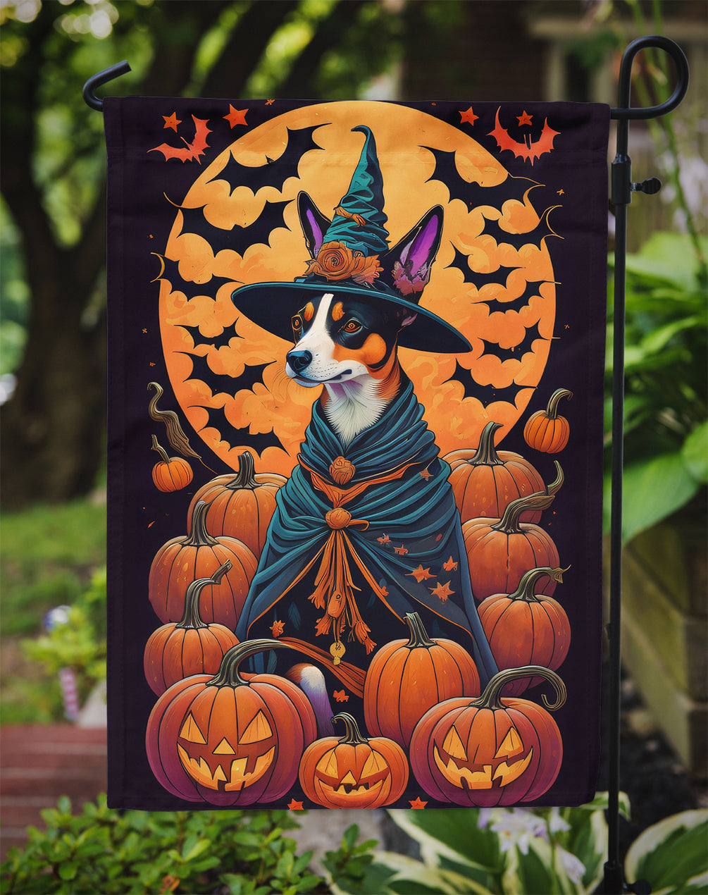 Basenji Witchy Halloween Garden Flag