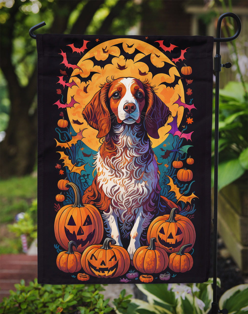 Brittany Spaniel Witchy Halloween Garden Flag