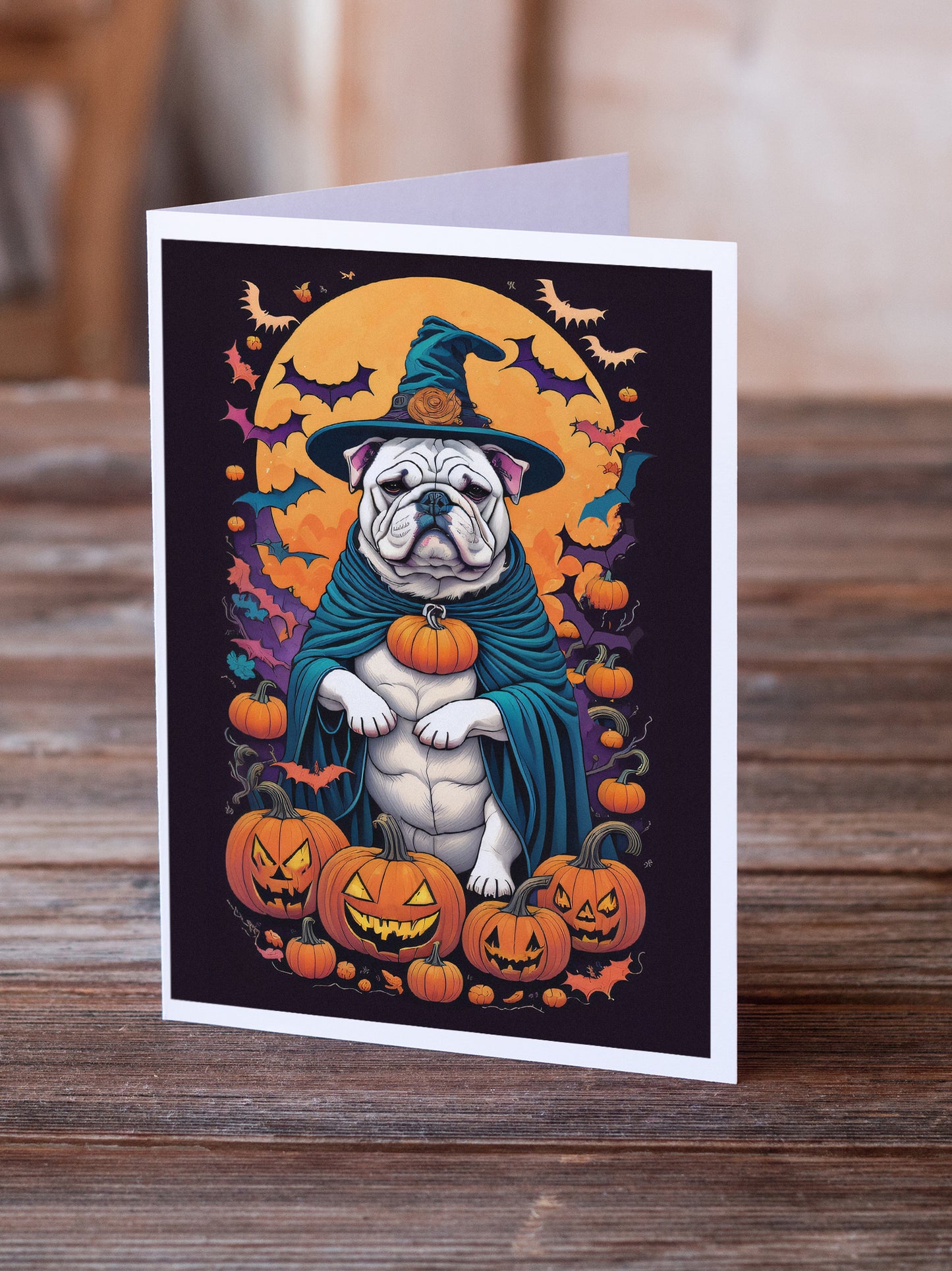 White English Bulldog Witchy Halloween Greeting Cards Pack of 8