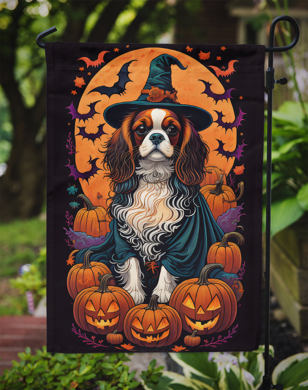 Cavalier Spaniel Witchy Halloween Garden Flag