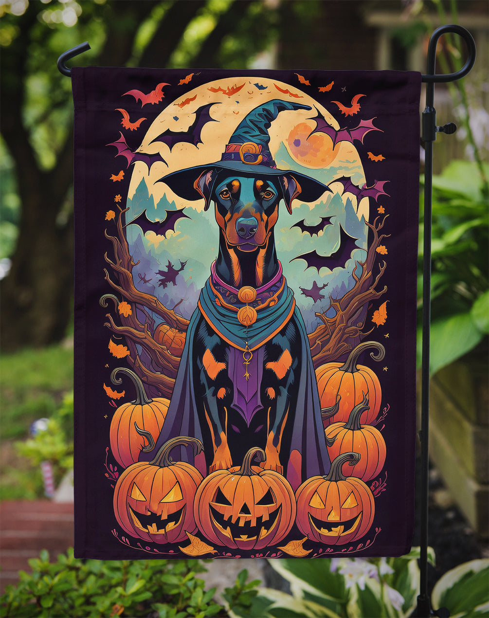 Doberman Pinscher Witchy Halloween Garden Flag