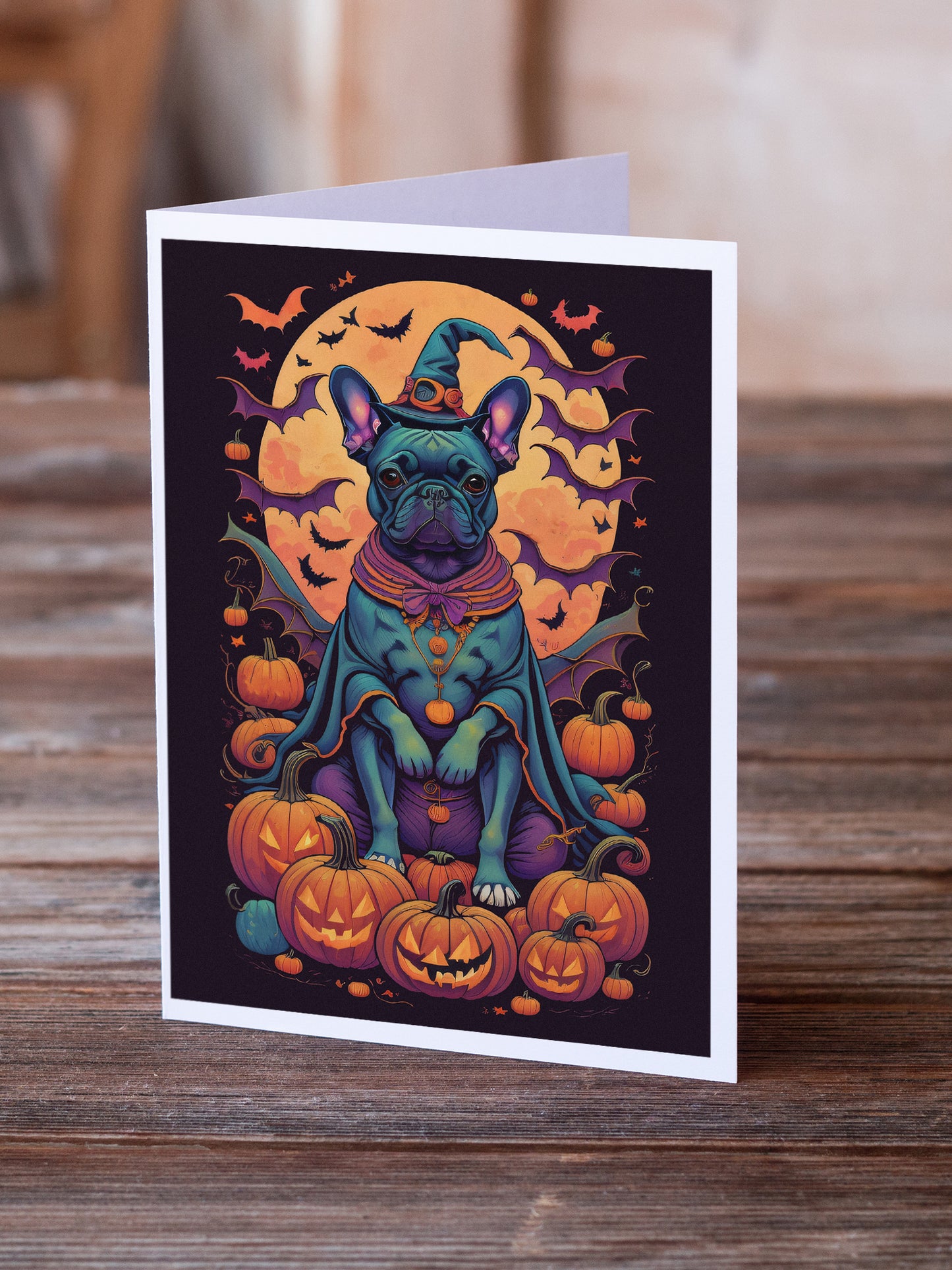 Black French Bulldog Witchy Halloween Greeting Cards Pack of 8