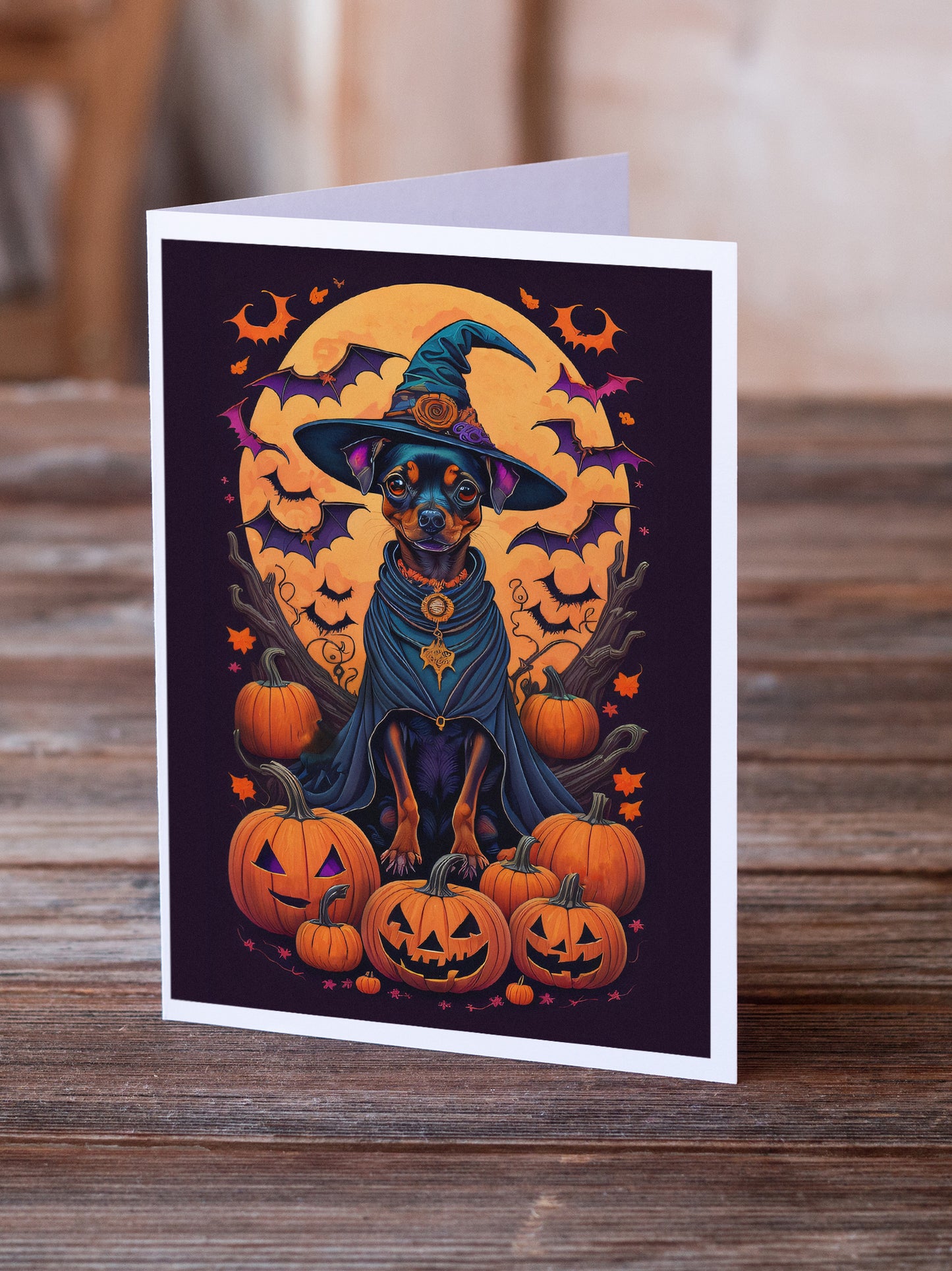 Miniature Pinscher Witchy Halloween Greeting Cards Pack of 8