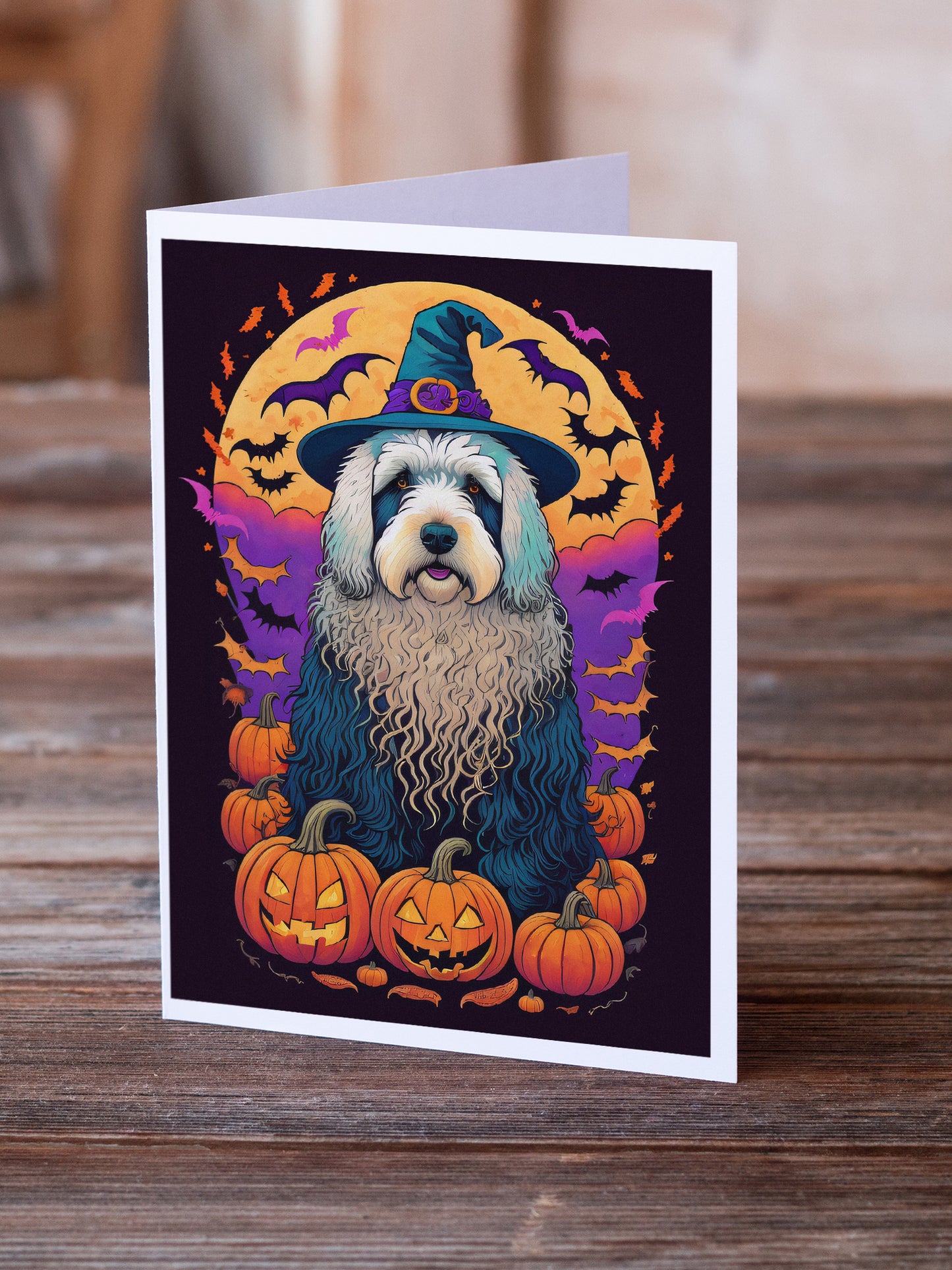 Old English Sheepdog Witchy Halloween Greeting Cards Pack of 8