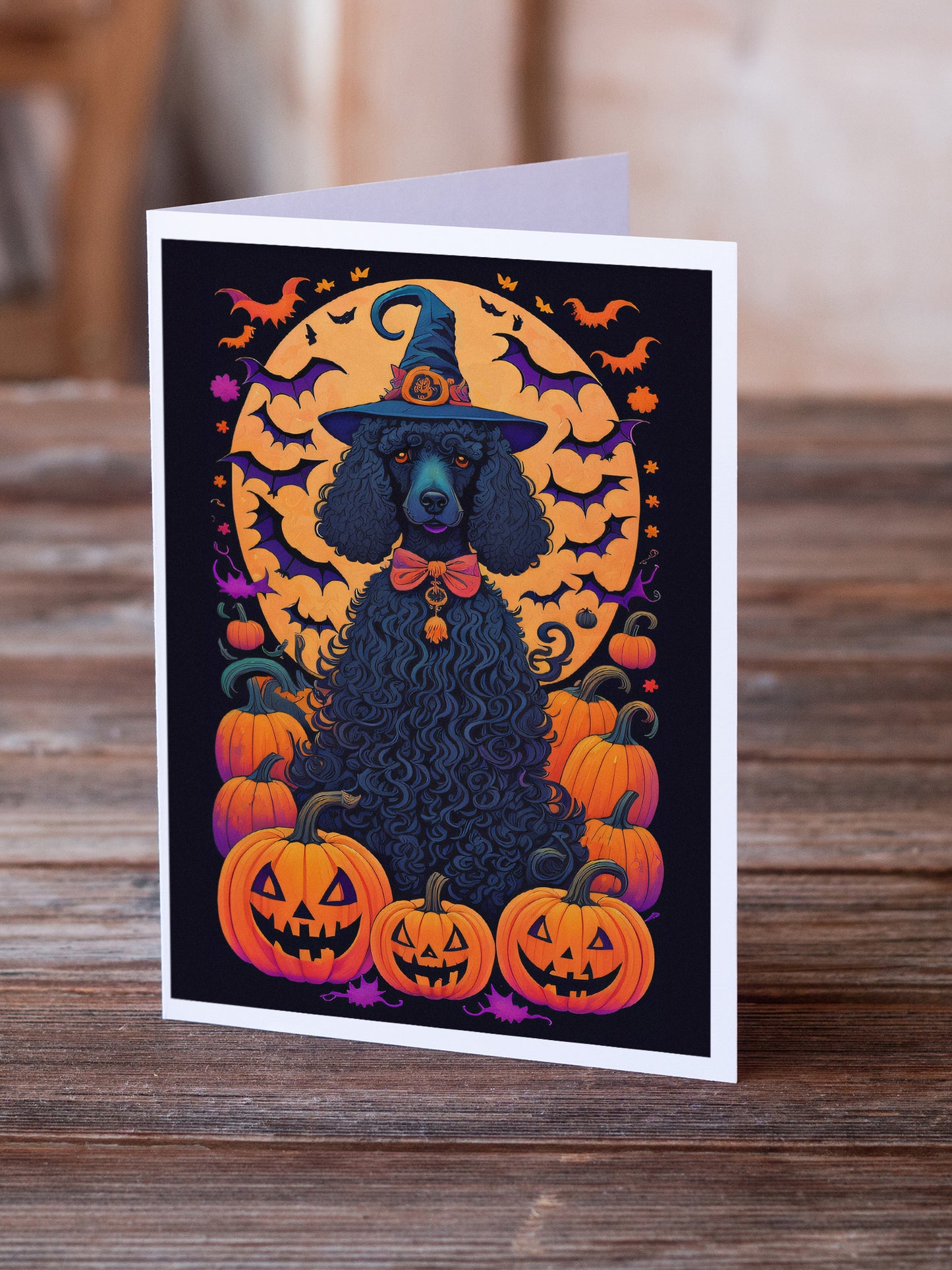 Black Standard Poodle Witchy Halloween Greeting Cards Pack of 8