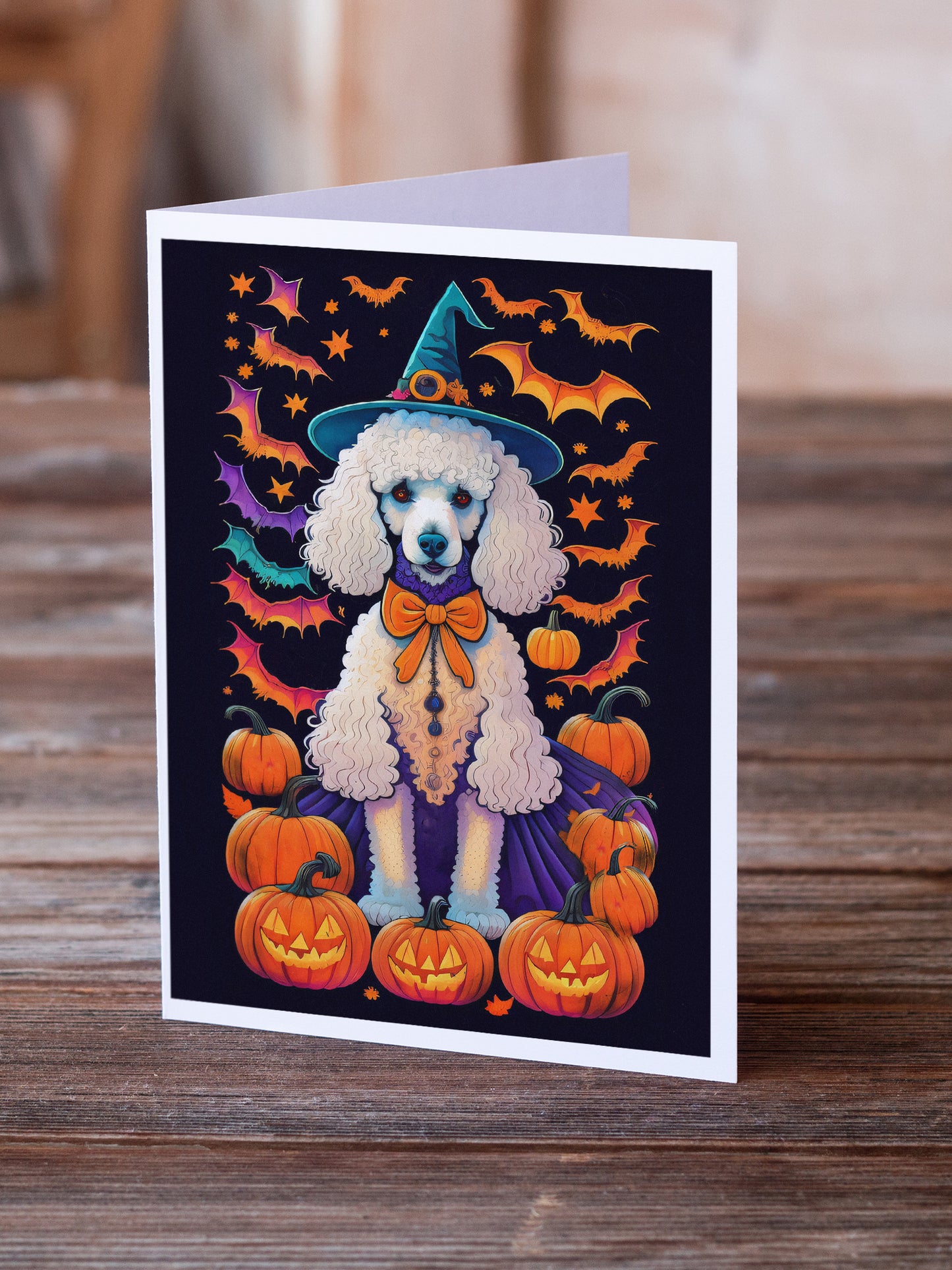 White Standard Poodle Witchy Halloween Greeting Cards Pack of 8